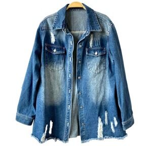 Women's Denim Shacket Shirt Jacket XL Blue Distressed Fade Frayed Hem Grunge Y2K